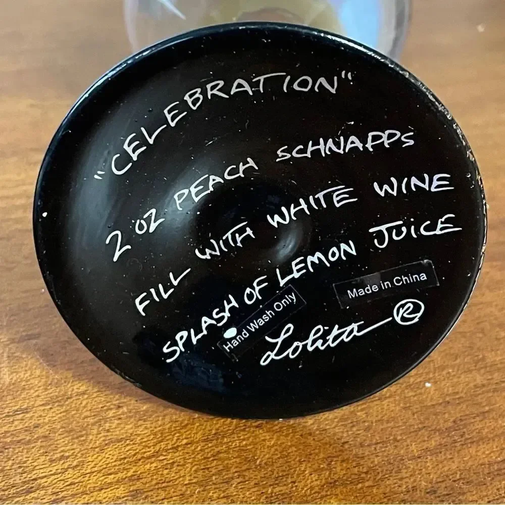 NIB Lolita “Celebration” Hand Painted Wine Glass Silver Black Gold